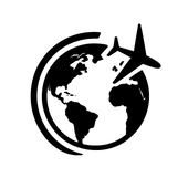 Black silhouette of a globe with an airplane on a white background