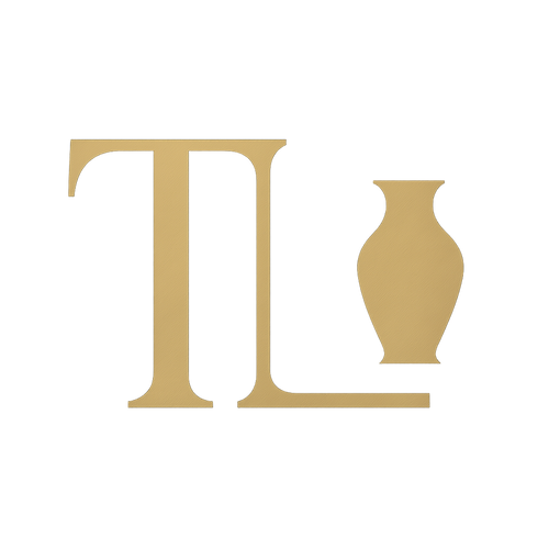 Decorative vase with a stylized letter 'T' on a white background